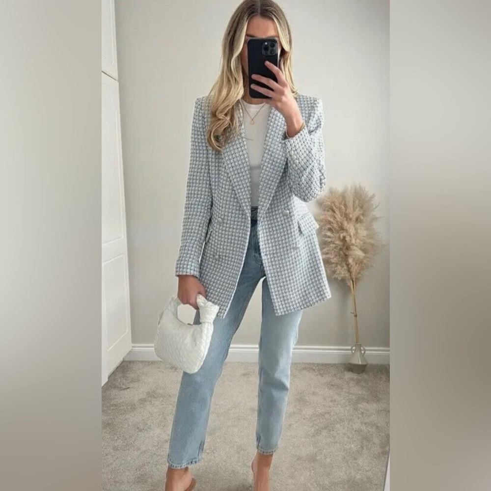 ZARA BLOGGERS FAVE NEW DOUBLE BREASTED TEXTURED TWEED BLAZER SKY BLUE SIZE SMALL